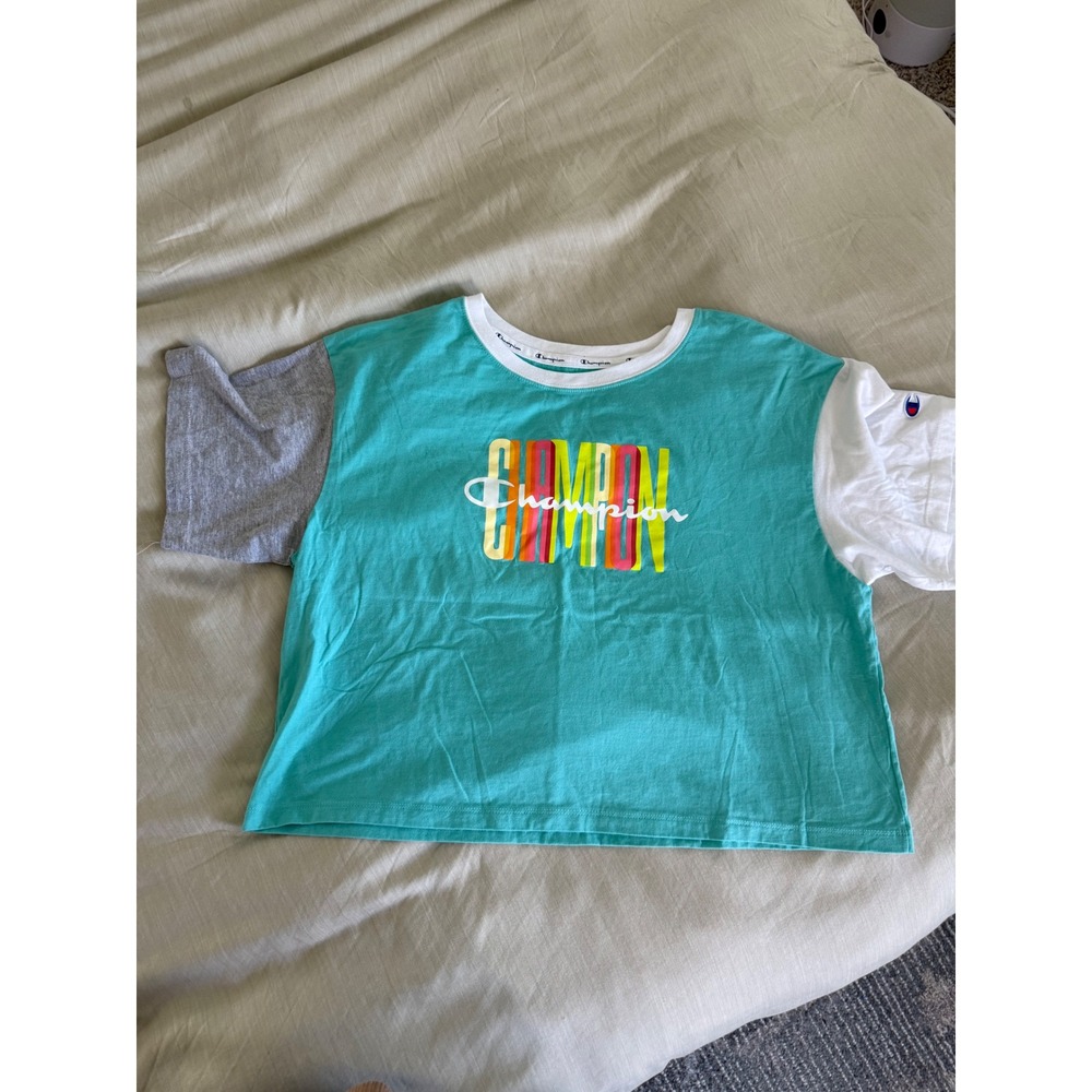 Champion Colorblock Graphic Tee L Multicolor Logo Patchwork Style Casual T-Shirt